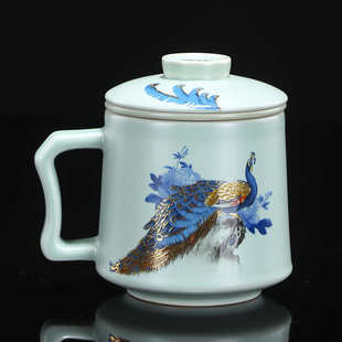 天青汝窑茶杯子办公室家用泡茶杯马克杯带盖茶水分离陶瓷水杯整套