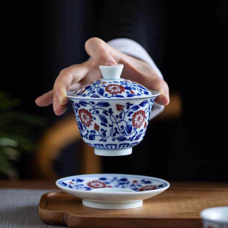 仿古青花三才盖碗不烫手陶瓷泡茶碗单个复古盖碗功夫茶具大号茶碗