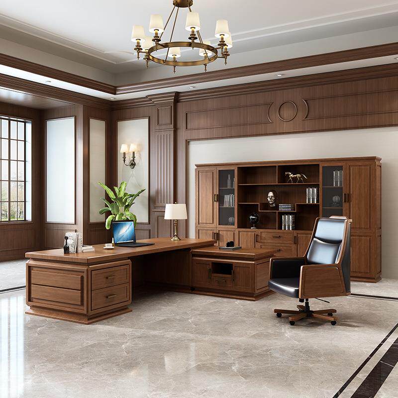 新中式实木办公桌总裁老板桌椅组合书柜大班台办公室乌金木家具大