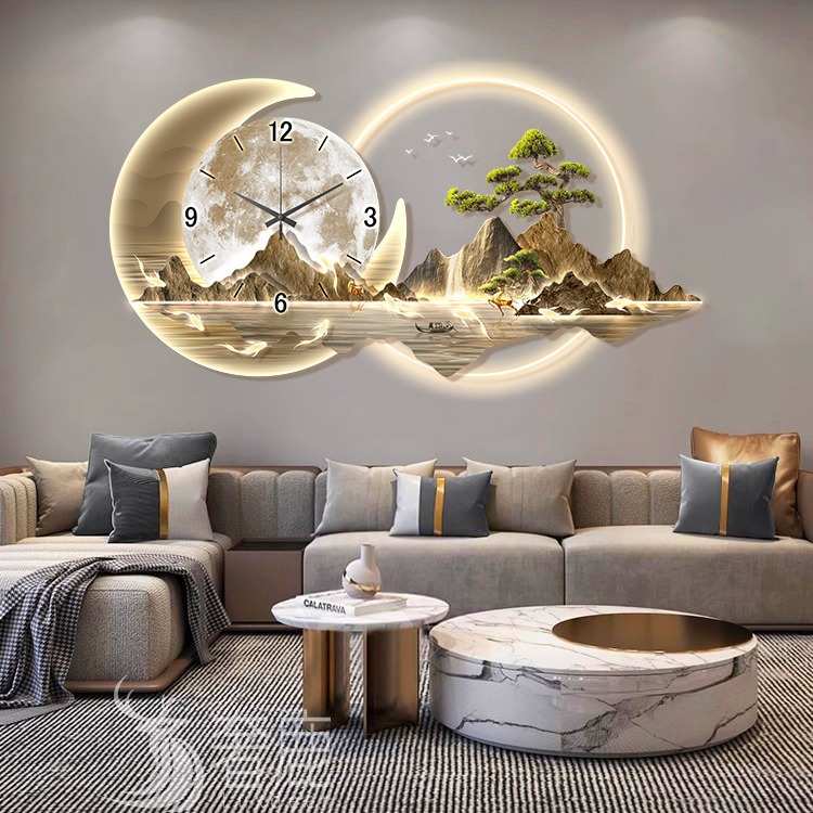 日照金山带钟表挂墙餐厅装饰画创意挂钟饭厅餐桌时钟轻奢客厅挂画