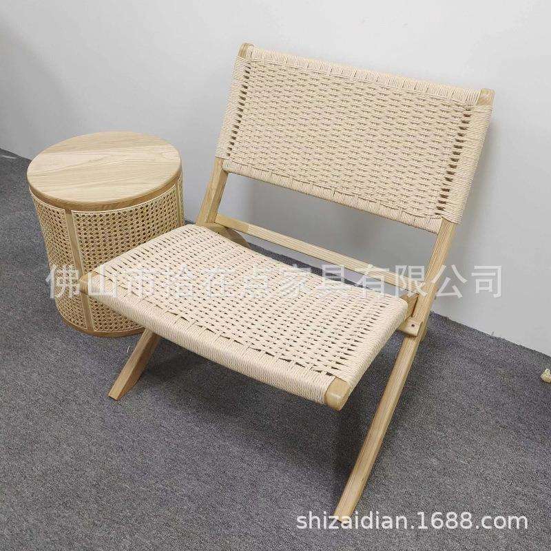 北欧现代简约风格民宿家用阳台实木编藤麻绳折叠休闲躺椅组合厂家