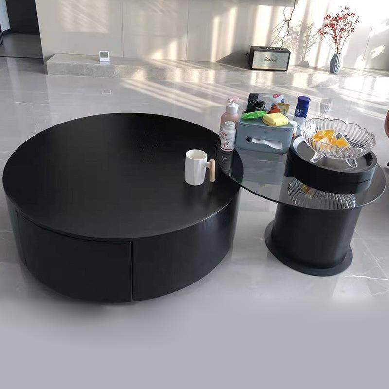 实木岩板圆形茶几钢化玻璃边几组合家用客厅意式极简约纯黑纯白色