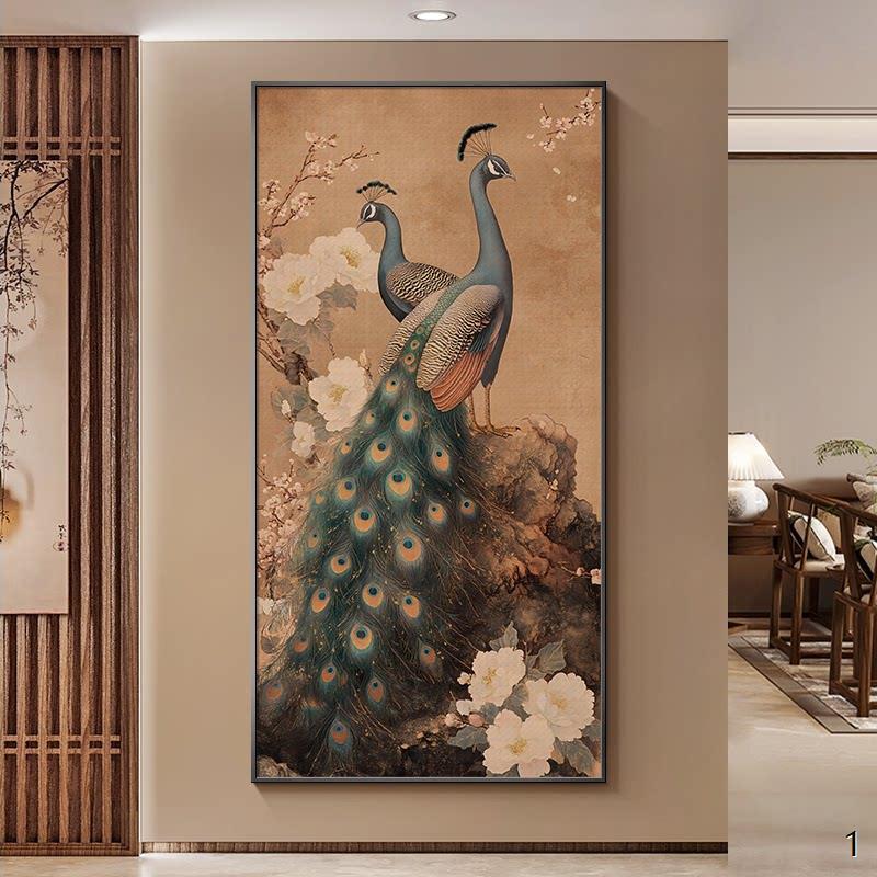 新中式玄关装饰画孔雀入户正对门壁画宋代美学走廊过道挂画寓意好