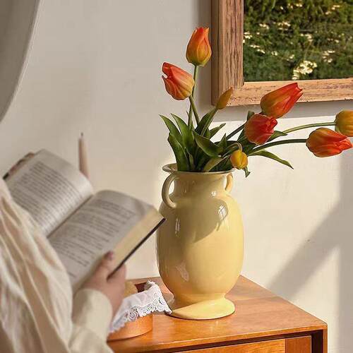 法式复古陶瓷花瓶 双耳中古花器 北欧风奶油风高脚奶壶插花批发