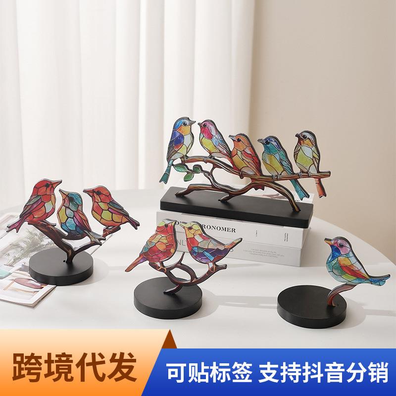 跨境新款亚马逊小鸟装饰品摆件家居办公桌面百花小鸟木质工艺品