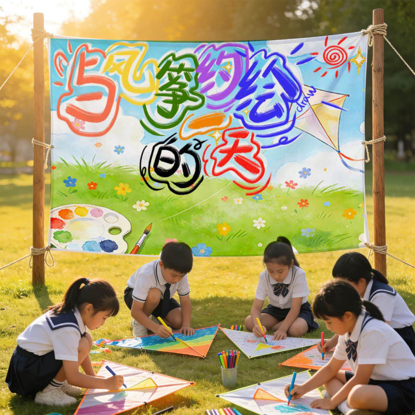 幼儿园户外活动挂布绘画涂鸦风筝背景布春日研学氛围拍照横版条幅