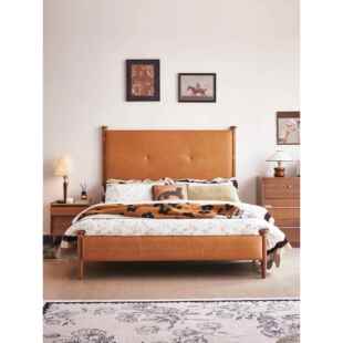 覆古实木床主卧真牛皮软靠中古风双人床1.8米北欧主卧室 法式