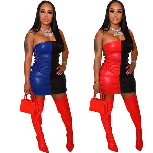 Women's strapless short skirt, chicken eye strap patchwork