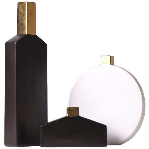 北欧创意扁瓶陶瓷花瓶摆件样板间客厅插花装饰品黑白色简约工艺品