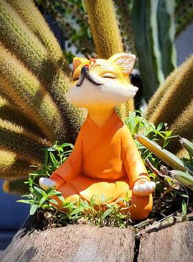 坐禅白狐打坐小狐多肉JOW盆景饰台花园狸装庭院造景汽车装饰阳小