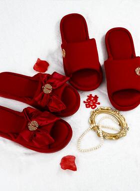新款婚庆用品结婚拖鞋夏季蝴蝶结开口喜庆新婚情侣红色男女款拖鞋