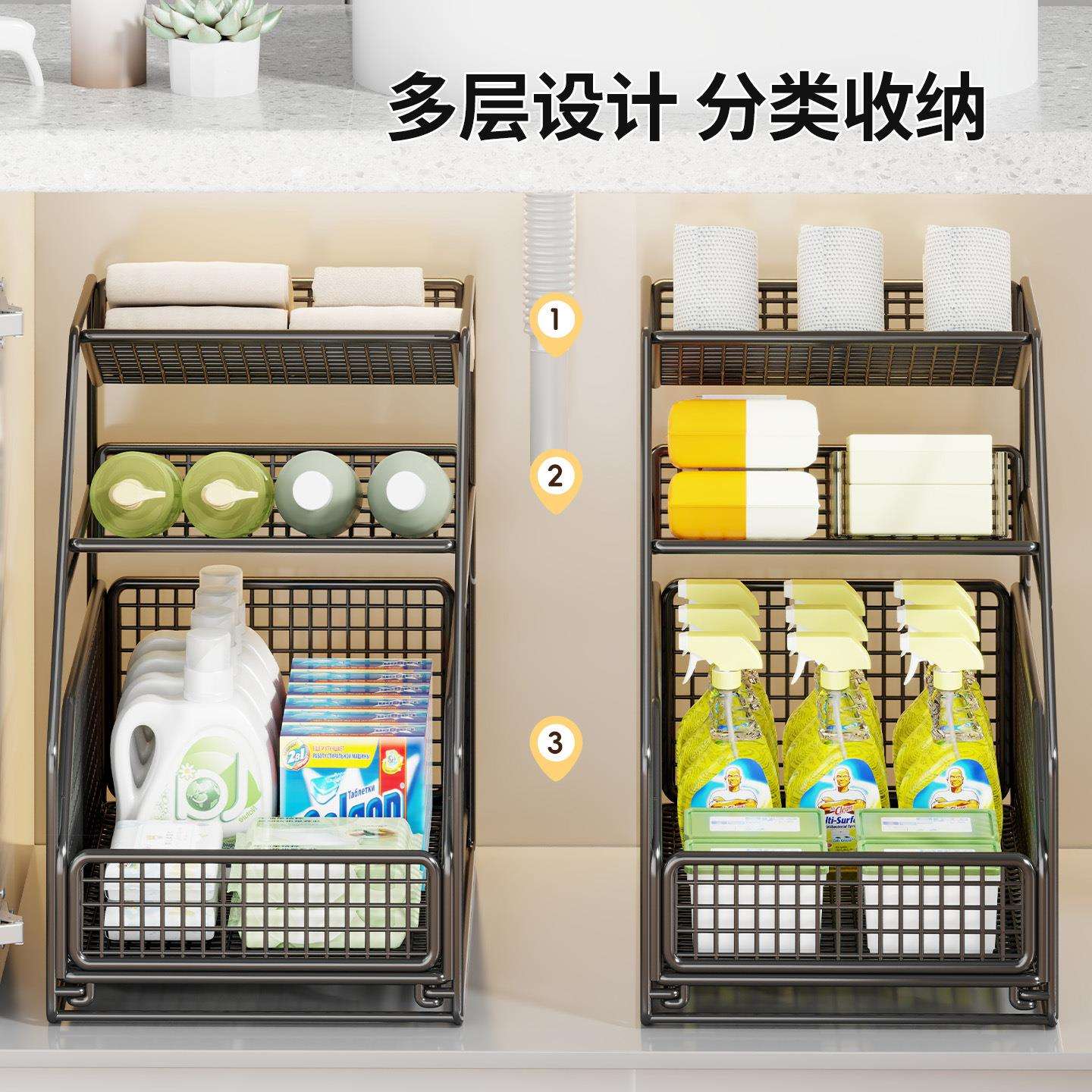 卫间槽下水置物架柜子内洗漱台收下橱柜拉篮抽22521876拉生式浴室