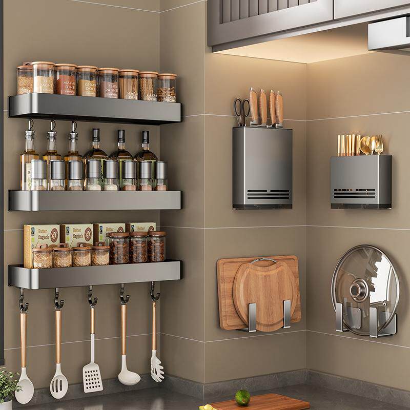 白色厨房置物架壁挂式免打孔家用刀架调味品砧板菜板收纳调料架子