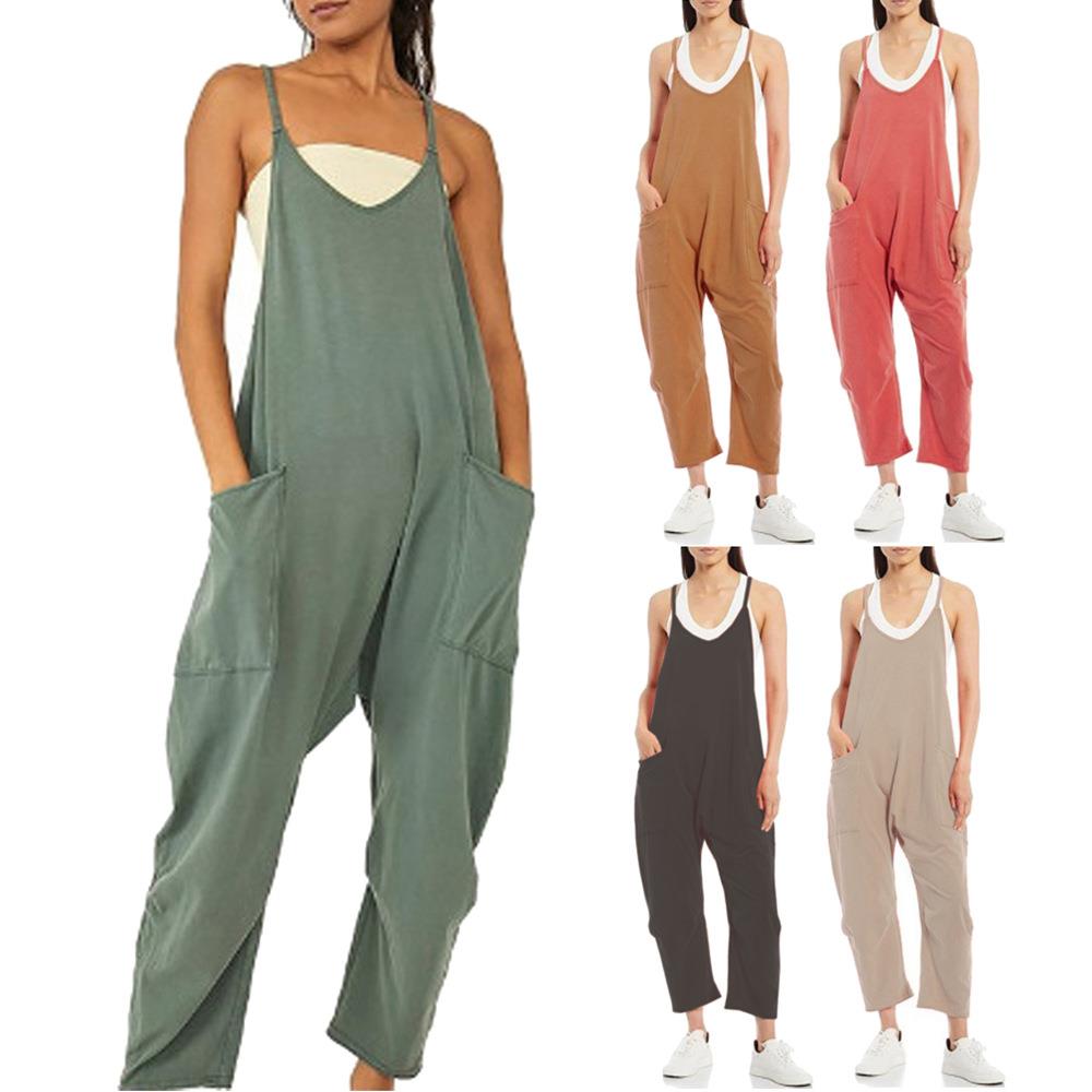 Pocket Womens Solid Patch Jumpsuit Jumpsuit Color Loose
