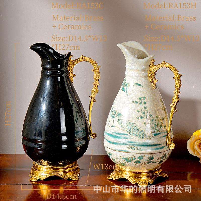 欧式高档陶瓷镶铜单耳茶壶摆件插花美式家居客厅餐厅奶壶装饰品