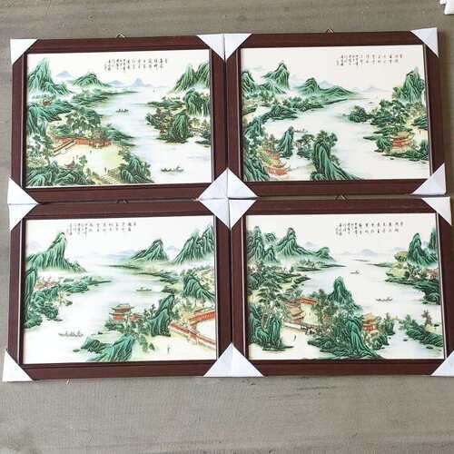 陶瓷瓷板装饰挂画 粉彩雪景图4件套家居床头柜壁画 室内装饰工艺