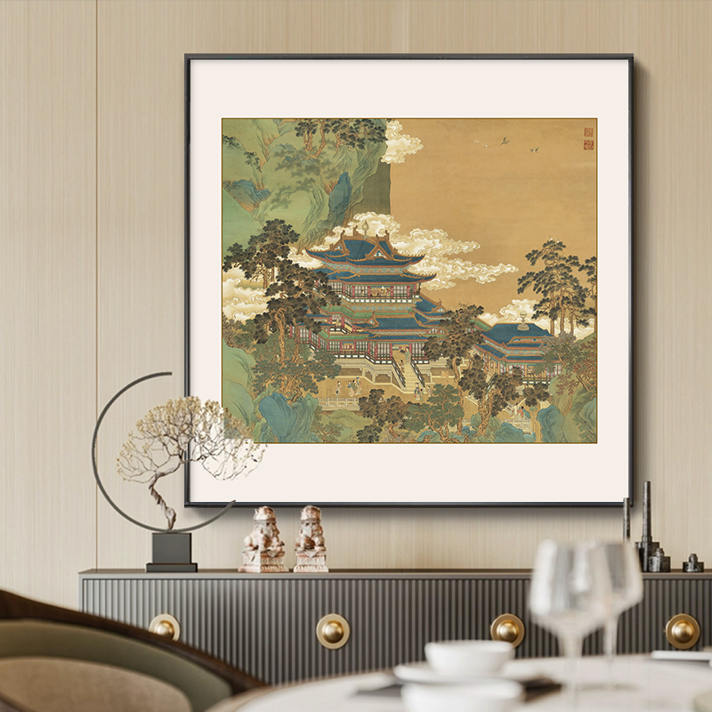 仙山楼阁新中式装饰画禅意山水国画酒店别墅客厅书房茶室玄关挂画图片