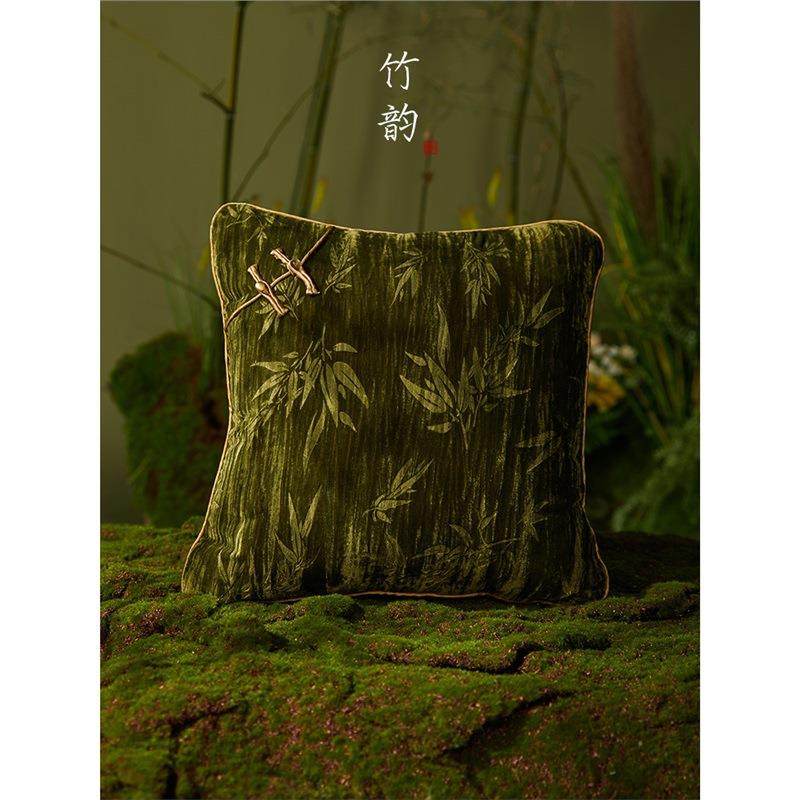 新中式绿色竹子客厅沙发抱枕轻奢高端靠垫椅子创意艺术可拆洗腰枕