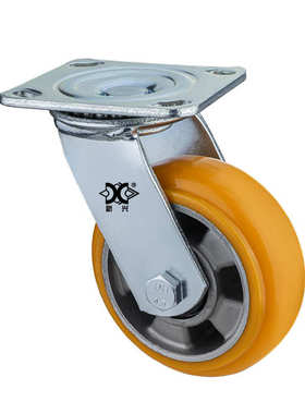 厂家批发重型4寸5寸6寸8寸圆边橙色PU万向轮定轮刹车