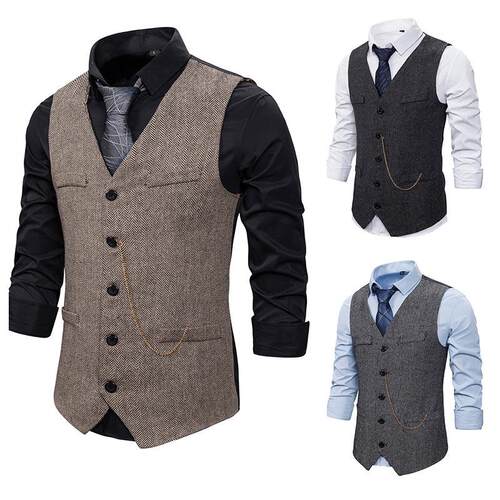 Men's herringbone woolen single vest style men's suit