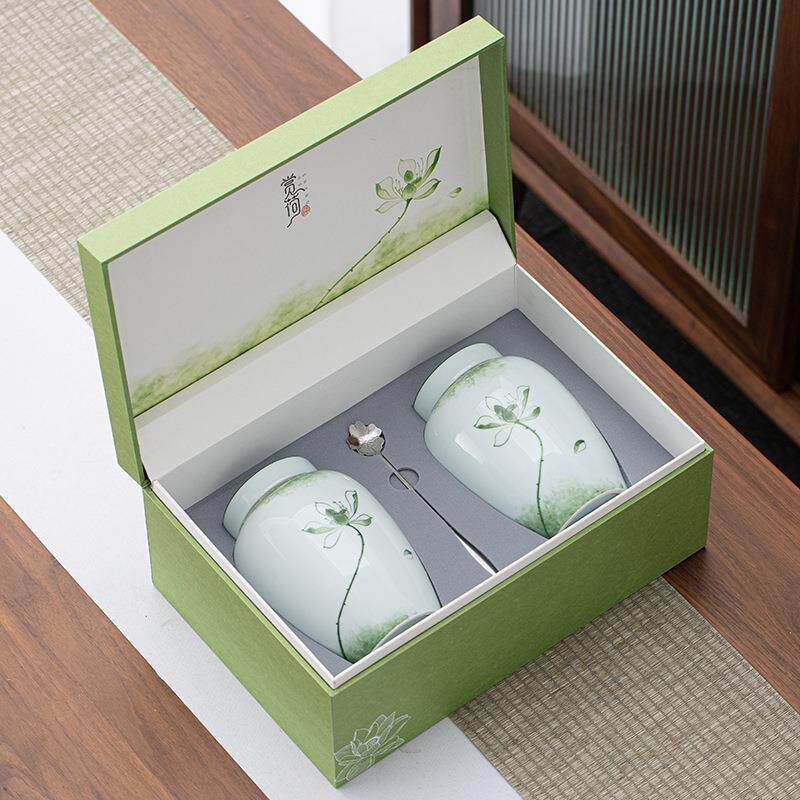 式大号中陶瓷茶包叶罐双罐存礼盒装红绿茶叶装赏荷密封储罐送礼佳