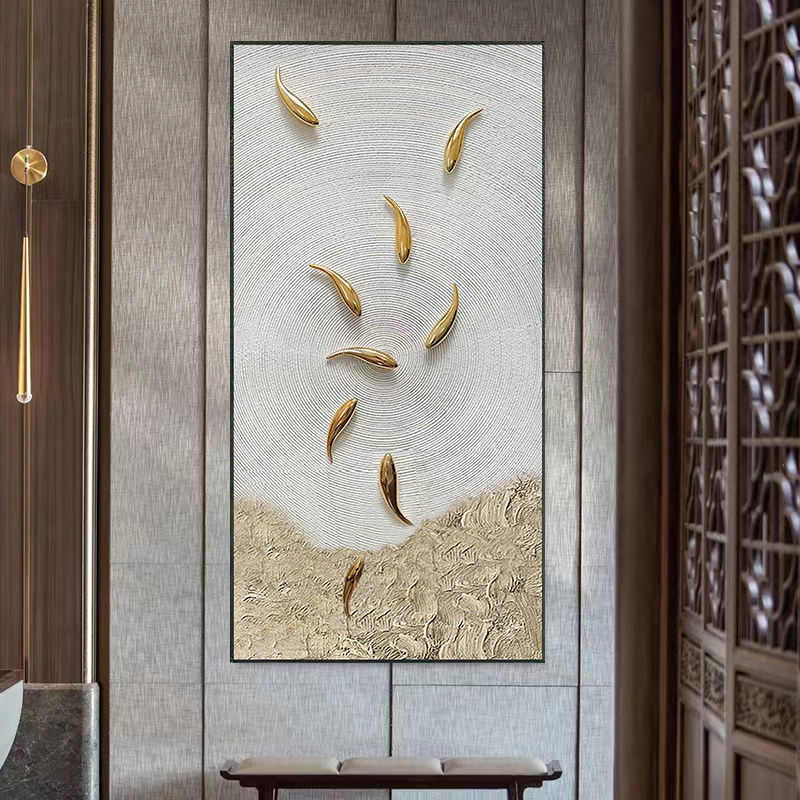 手绘九鱼图轻奢玄关装饰画寓意好简约客厅立体画竖版入户走廊壁画图片