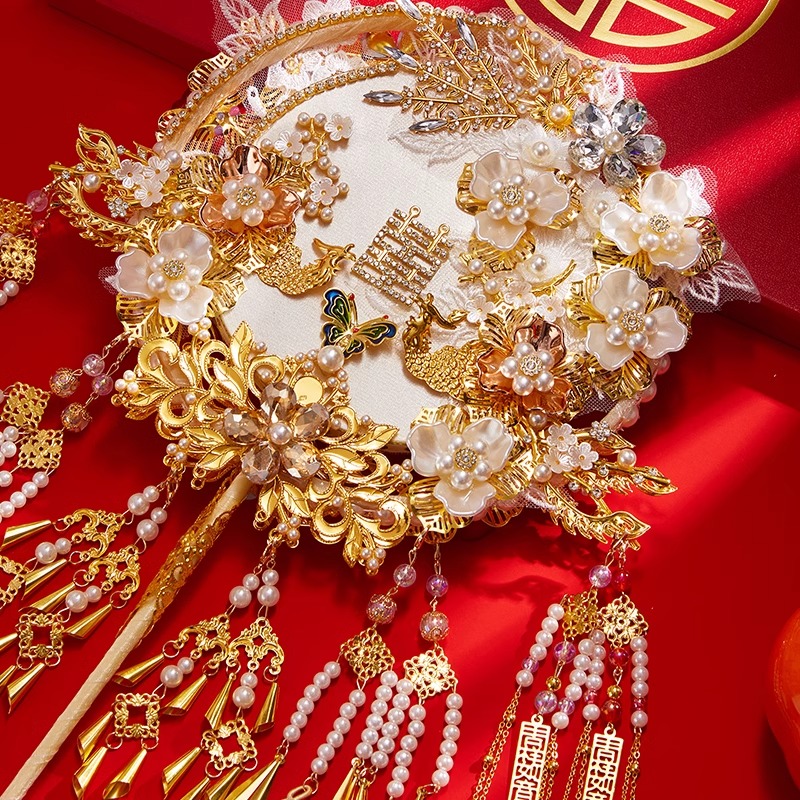 中式团扇双面双色婚礼新娘出嫁结婚diy材料包高级感重工秀禾喜扇