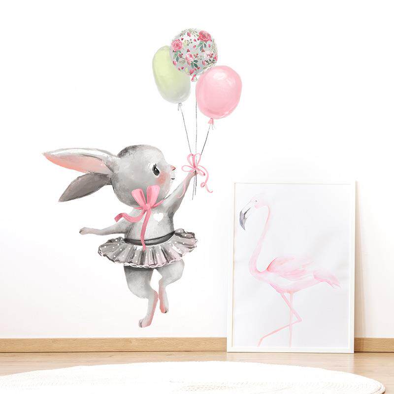 新款直销芭蕾舞兔子气球自粘墙贴卡通可爱儿童房间背景墙装饰贴纸