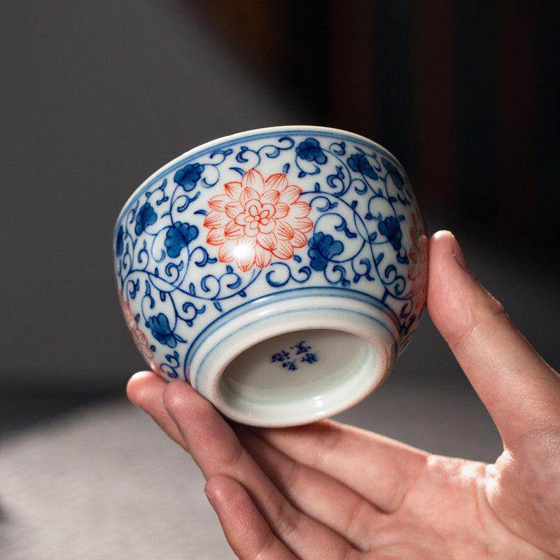 青花釉里红缠枝莲主人杯手绘茶杯景德镇茶具禅定杯带内画品茗杯单