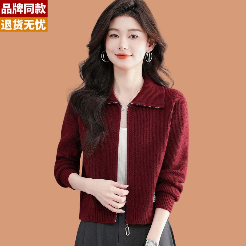 翻领毛衣外套女春秋2026新款拉链外搭披肩短款配裙子羊毛针织开衫