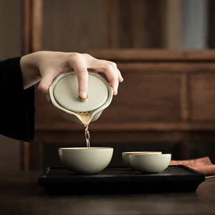 仿古汝窑念想旅行茶具户外便携式 一壶三杯快客杯开片可养功夫茶具