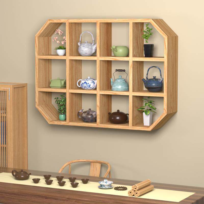 中式壁挂博古架 实木烟薰碳化多宝格 展示架茶具架