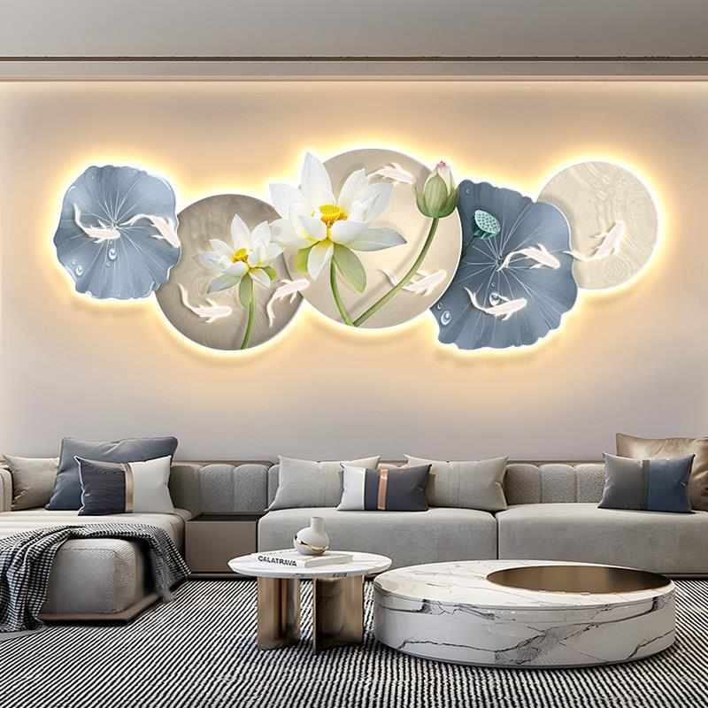 发光图灯客厅挂壁九画装饰画画玄关轻led背景荷花现代沙发奢墙鱼图片