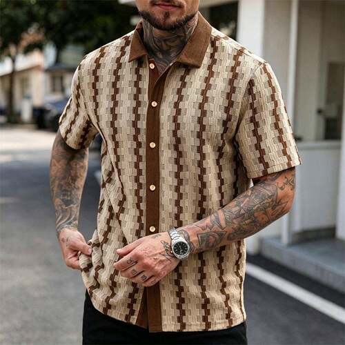 Men's Button Down Polo Shirt Casual Short Sleeve Hollow Out
