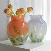 北欧设计高级彩色琉璃奶黄色大口径手工中古风花瓶花器桌面摆件