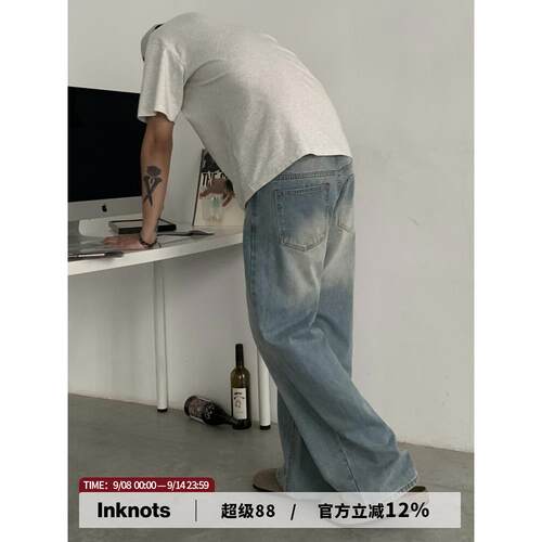 INKNOTS美式复古vintage水洗直筒浅蓝色牛仔裤男女cleanfit裤子潮