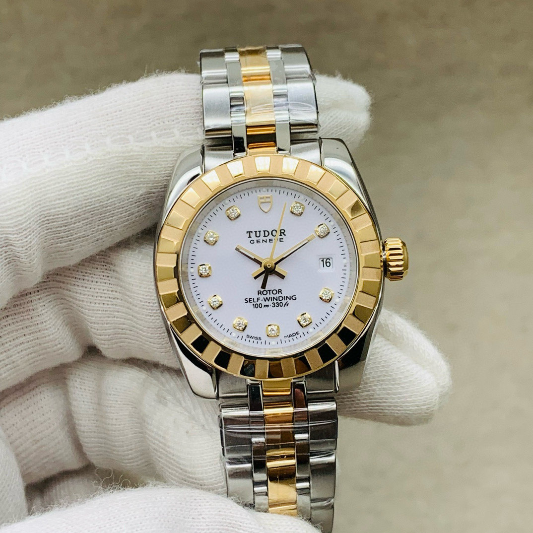98新帝舵经典系列钢18K金自动机械手表28MM钻石女表22013-0006