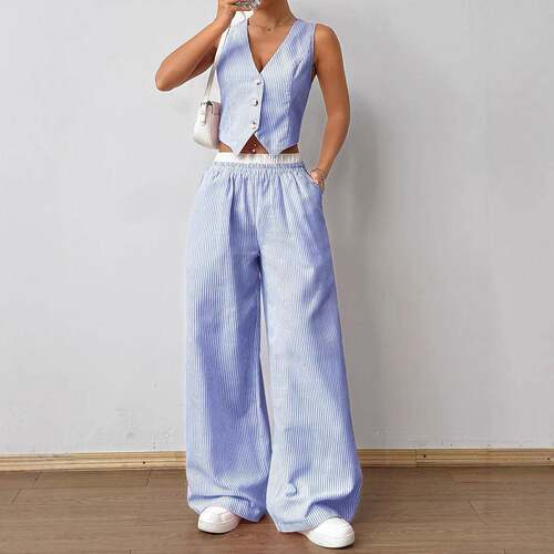Women's Striped Print Fitted Vest Top & Wide Leg Pants