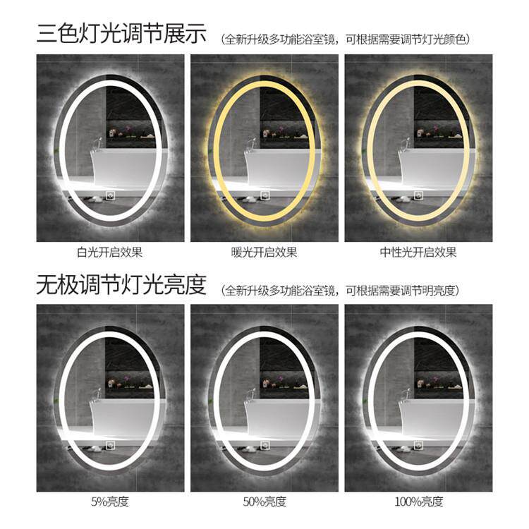 新款直销北欧智能防雾浴室镜卫生间壁挂椭圆形镜子带LED发光灯洗