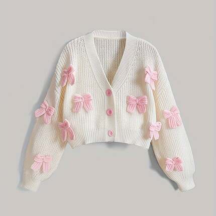 Women'S Bowknot Decor Sweater Cardigan, Casual Long Sleeve