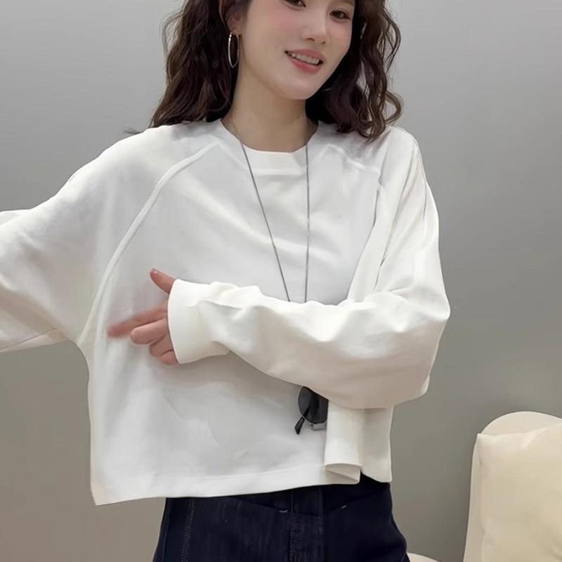 慵懒休闲白色宽松长袖卫衣打底衫女欧货爆款小个子短款T恤上衣潮