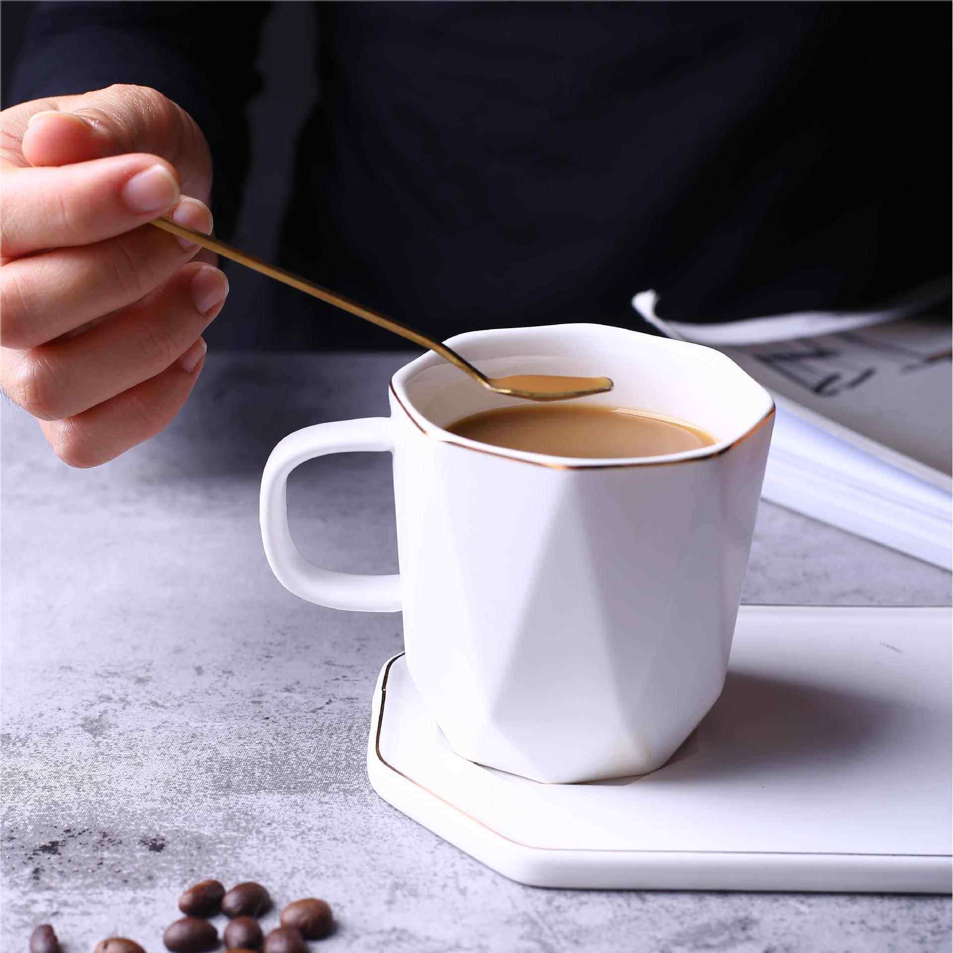 新款直销几何形描金陶瓷杯子办公咖啡杯简约黑白马克杯碟下午花茶