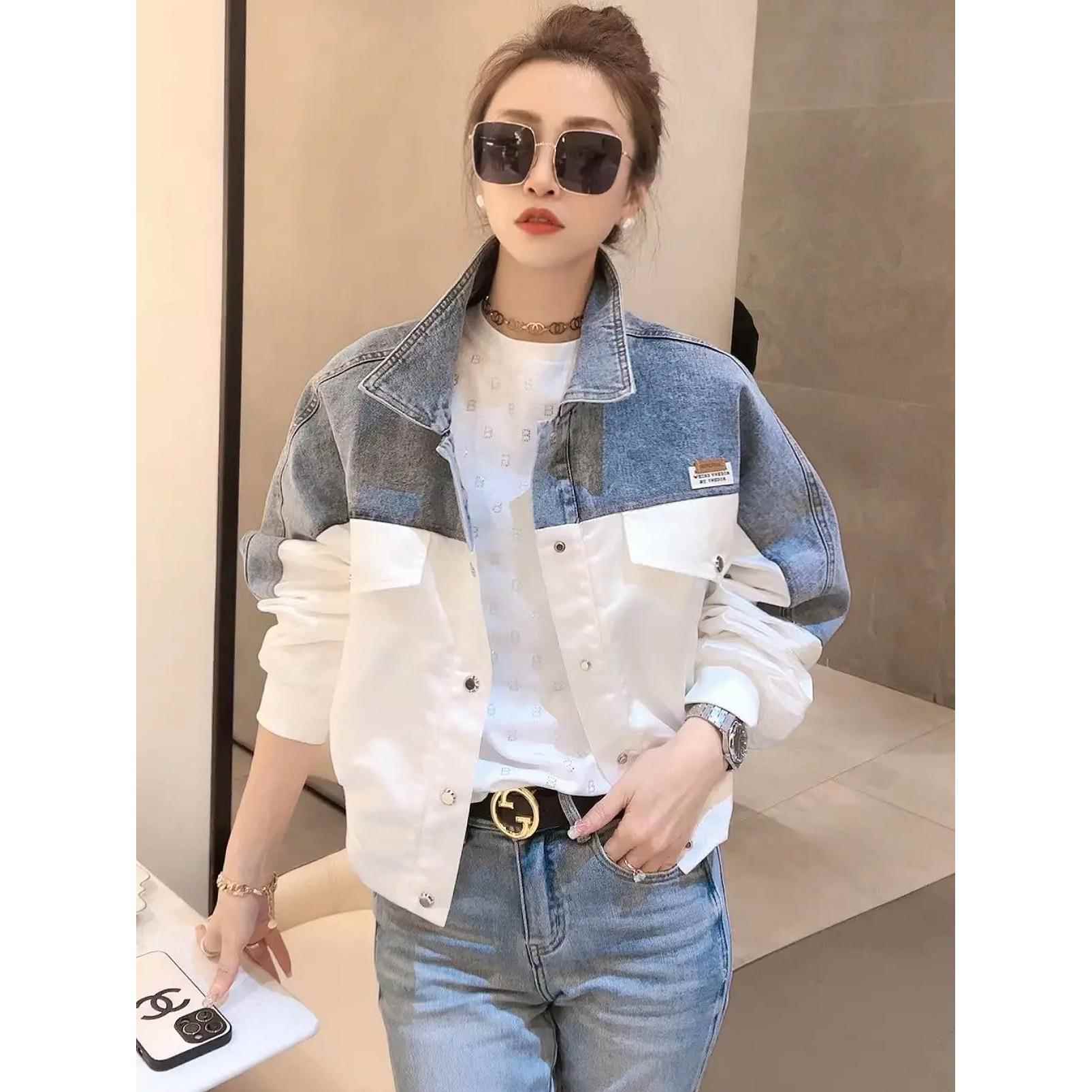 日式时尚对比色牛仔拼接上衣女式2025新款春秋季休闲韩式宽松短上