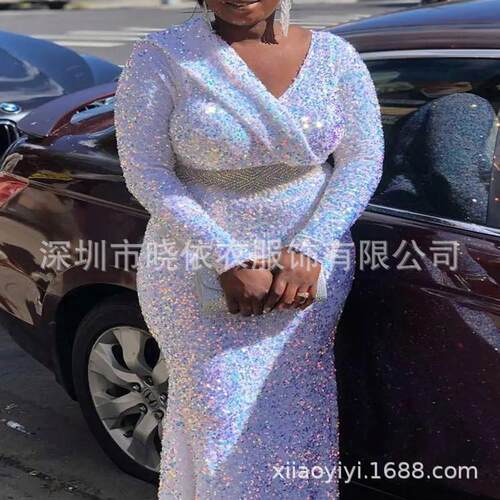 Mid waist plus size sequined dress evening gown
