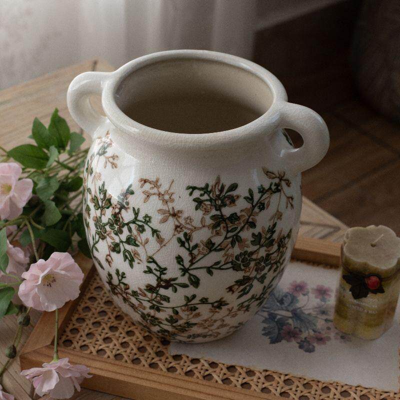 法式双耳陶瓷花瓶复古绿手绘冰裂纹绿植田园花盆客厅插花简约花器