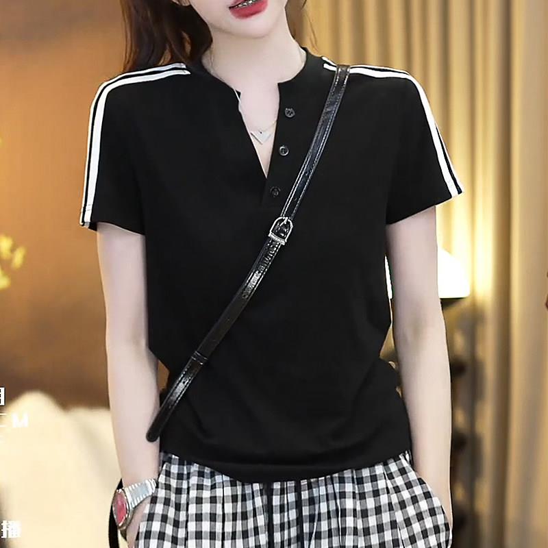 撞色短袖t恤女2026夏季新款纯棉宽松显瘦小众设计感V领女款上衣