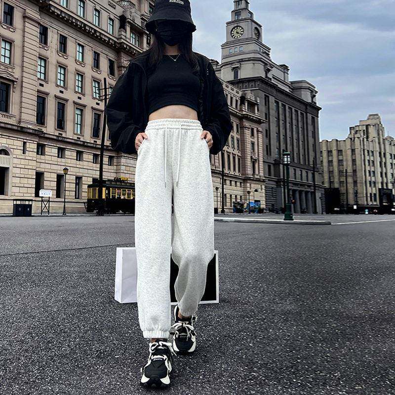 灰色运动裤女秋冬季新款加绒加厚小个子休闲百搭九分束脚卫裤