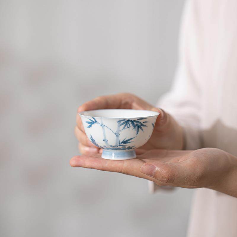 羊脂玉瓷手绘清竹花瓣杯茶杯单杯陶瓷家用品茗杯中式高档主人杯