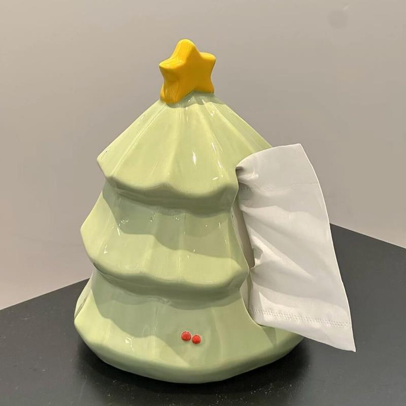 可爱耶诞树桌面纸巾盒陶瓷抽取式卫生纸纸巾盒高颜值创意抽取式卫