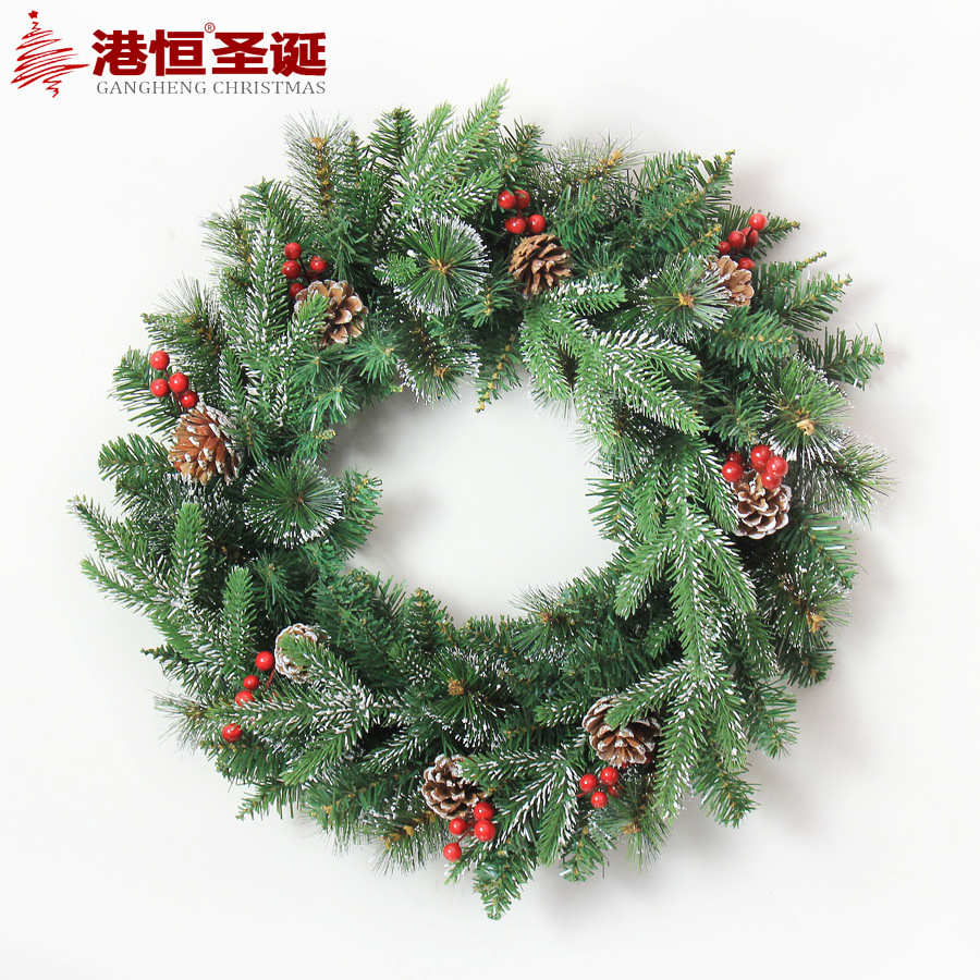 跨境圣诞花环60cm花环圣诞节商场品装饰门挂仿真混合红果松果藤条